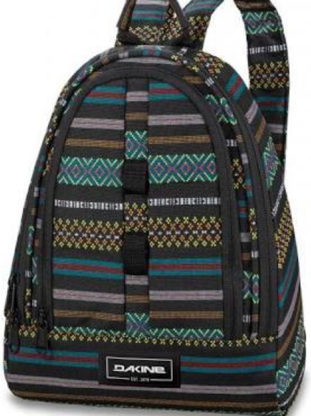 Dakine Cosmo 6.5L Multi-Stripe Patterned Mini Backpack in Teal, Black & Gray